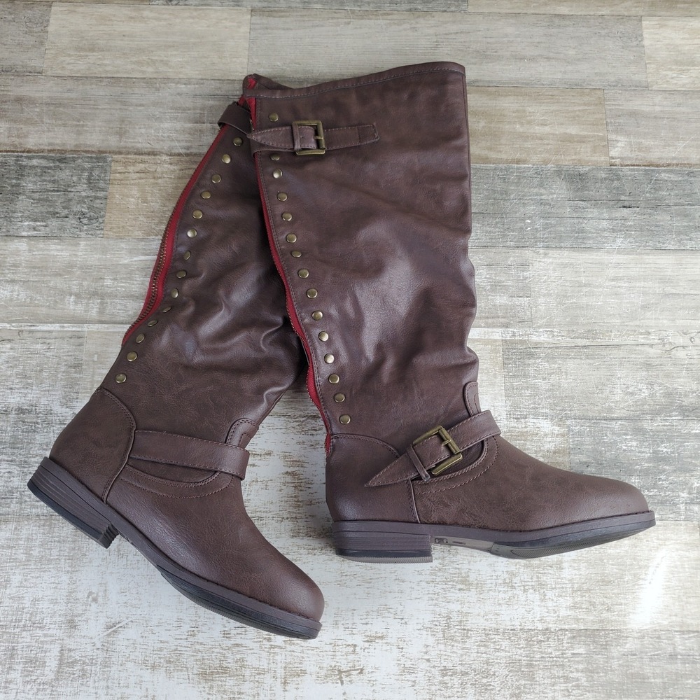 Journee Collection Spokane Womens Riding Boot Sz 7.5 Brown Knee-High Back Zip‎